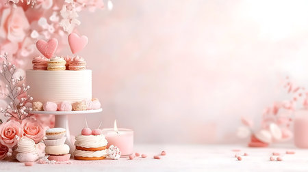 Wedding cake with pink flowers and candles on a light background