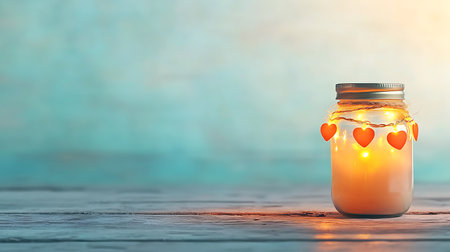 A glass jar with a candle in the shape of a heart on a blue backgroundの写真素材