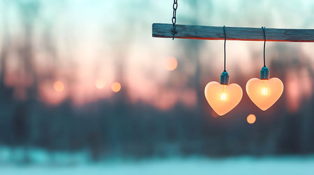 Heart-shaped lanterns hanging on a rope in winter forest.