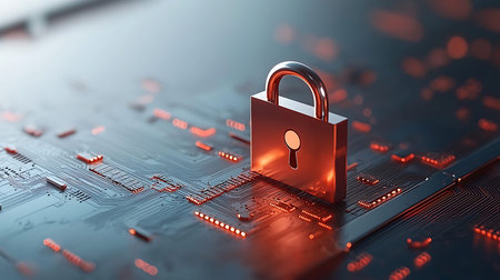 Cyber security and data protection concept. Closed padlock on circuit board. 3d illustration