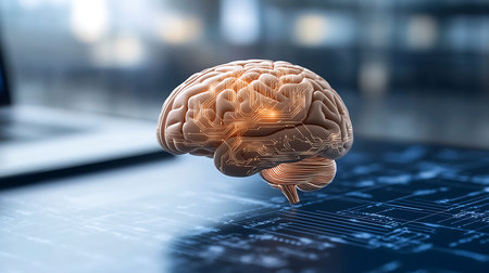 3d rendering of human brain with circuit board on laptop computer background