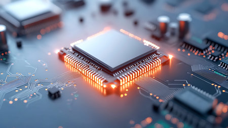 Close up view of a modern GPU card circuit. 3D rendering
