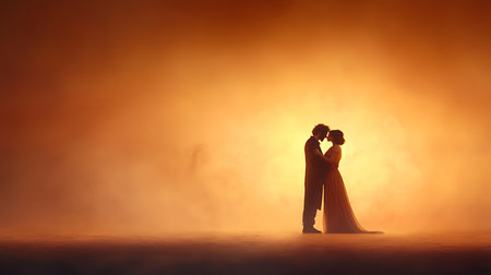 Wedding couple in love dancing in a foggy room.の写真素材