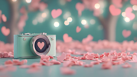 3d illustration of retro camera with hearts bokeh background.