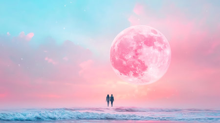 Couple in love standing on the beach with the full moon backgroundの写真素材