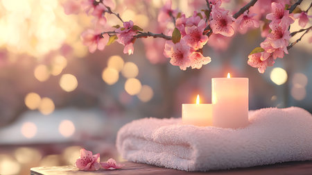 Spa still life with blooming sakura branches, candles and towel