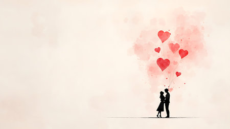 Couple in love with red hearts and watercolor splashes on backgroundの写真素材