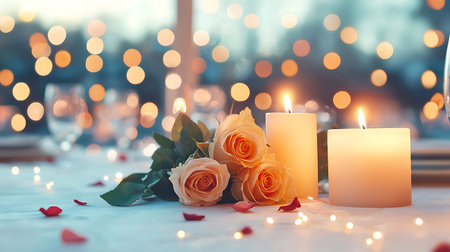 Romantic table setting with candles and roses on bokeh backgroundの写真素材