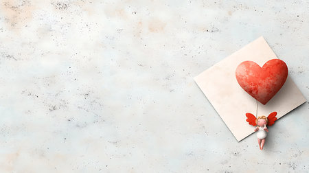 Valentine's day greeting card with red heart and angel on white backgroundの写真素材