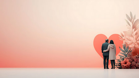 Back view of couple in love holding hands and looking at red heart on pink background. Valentines day conceptの写真素材