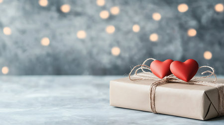 Gift box with two red hearts on bokeh background, valentines day conceptの写真素材