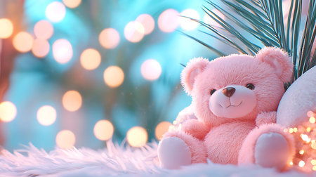Cute teddy bear with christmas lights on bokeh backgroundの写真素材