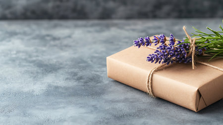 Gift box with lavender flowers on grey background, copy spaceの写真素材