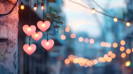 Valentines day background with heart shaped lights and bokehの写真素材