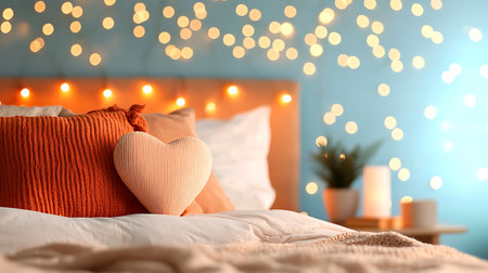Comfortable bed with pillows and heart on blurred background, closeupの写真素材