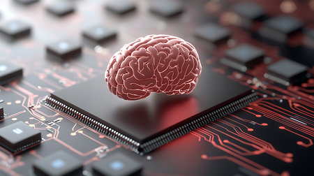 3d illustration of circuit board with human brain in front of itの写真素材