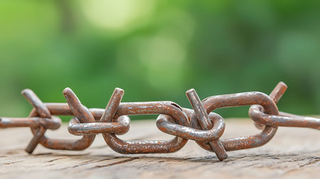 Rusty chain on wooden table with green nature background, stock photo