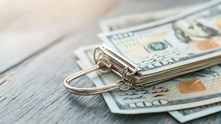 Hundred dollar bills and metal key chain on wooden background with copy spaceの写真素材