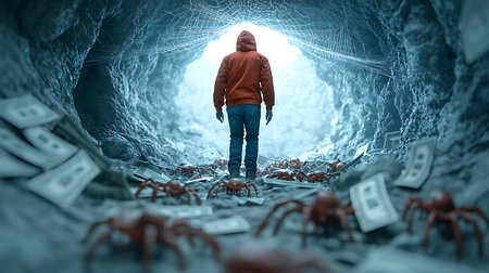 Hacker in a dark tunnel with spiders and money. 3d rendering
