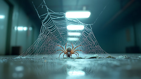 spider and cobwebs on the floor. 3d renderingの写真素材