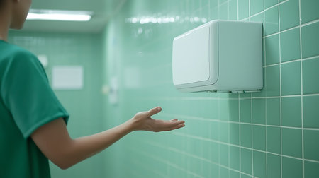 Close up of a person's hand pushing a button on the wall