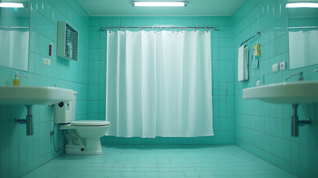 Interior of a modern bathroom with blue tiles and white curtains.