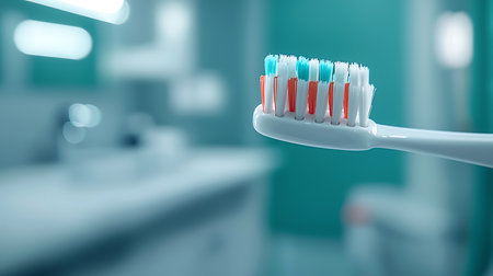 Toothbrush with toothpaste on blurred background, close-upの写真素材