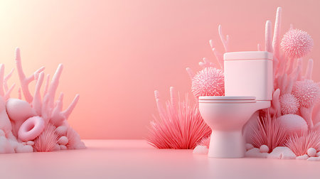 Toilet bowl and coral in pink background. 3d rendering.の写真素材