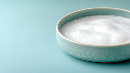 soap foam in a blue bowl on a turquoise backgroundの写真素材