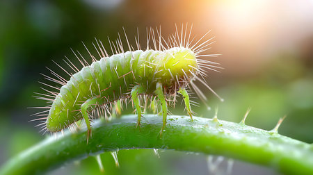 Caterpillar on the green leaf of the plant, macro shot
