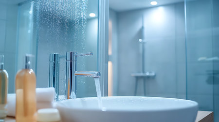 Bathroom interior with faucet, soap and shower.の写真素材