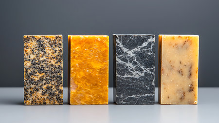 Three marble bars with orange and black sequins on grey background.の写真素材