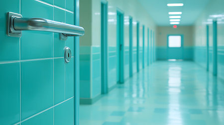 Interior of a hospital corridor with blue walls and a door handleの写真素材