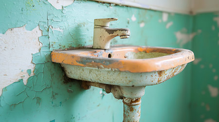 Old dirty washbasin in an abandoned house. Selective focus.