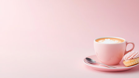 Cup of cappuccino with macaroon on pink backgroundの写真素材