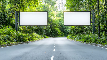 Blank billboard on the road in the forest with clipping path.の写真素材