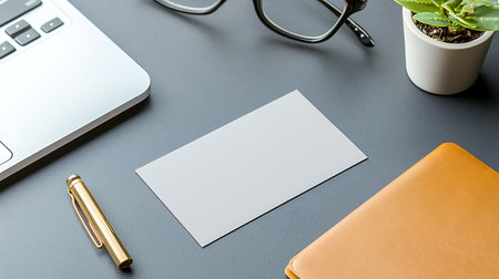 Photo of blank business cards, pen, eyeglasses and laptop on grey background. Mock up