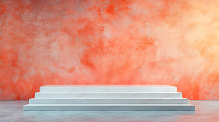 Empty white podium with orange wall and concrete floor. 3d renderingの写真素材