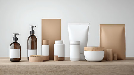 Cosmetic bottles with blank labels on wooden shelf. 3d renderingの写真素材