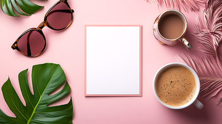 Flat lay composition with coffee cup, eyeglasses and tropical leaves on pink background