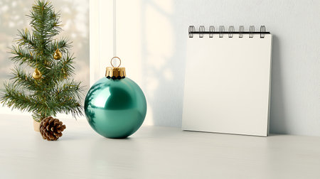 Christmas decoration with blank notepad on white background. 3D renderingの写真素材