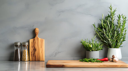 Mockup of wooden cutting board with rosemary, pepper and saltle kitchen countertop.
