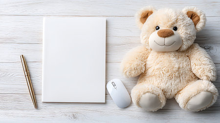 Teddy bear with blank notebook and computer mouse on white wooden background