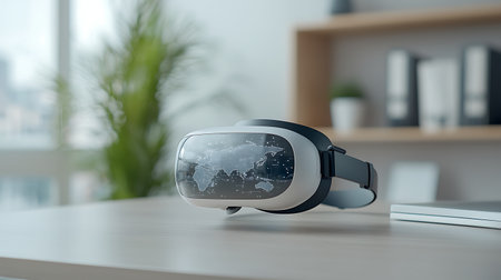 Virtual reality glasses with world map on table in office 3D renderingの写真素材