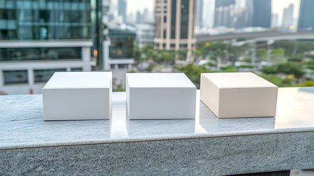 Three white boxes with city view background. 3d rendering