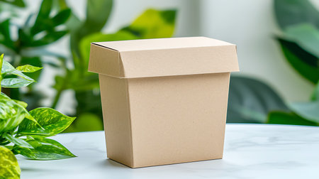 Brown cardboard box on white marble table and green plant in background.の写真素材