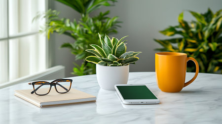 Smartphone, eyeglasses, notebook and plant on white marble tableの写真素材