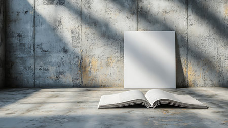 Open book with blank white poster on concrete wall. Mock up, 3D Renderingの写真素材