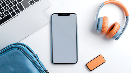 Modern workspace with laptop, smartphone and headphones. Top view with copy space