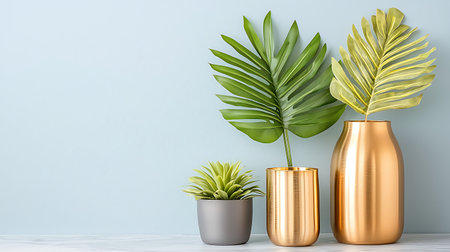 Golden and silver vases with tropical plant on blue wall background.の写真素材
